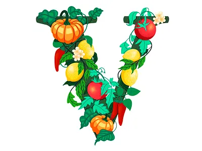 V 36 days of type digital art digital illustration flat vector graphic design illustration letter v vegetables illustration