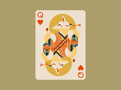 Quinn the Fox Playing Cards: Queen of Hearts Illustration animals board game cards color colour cool cute design flat design fox geometric illustration japan kitsune mask nature playing card art playing cards poker queen of hearts