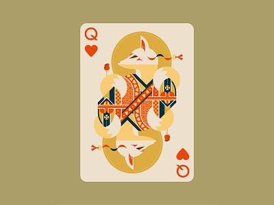 Quinn the Fox Playing Cards: Queen of Hearts Illustration animals board game cards color colour cool cute design flat design fox geometric illustration japan kitsune mask nature playing card art playing cards poker queen of hearts