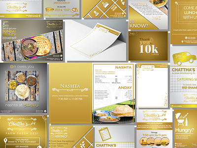 Chattha's Restaurant Branding, Social Media & Merchandise branding creative design gold graphic design illustration marketing menu posts print social media typography