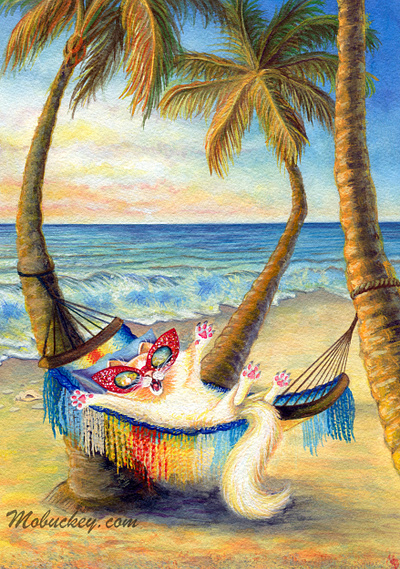 Beach I'm Busy | Gouache Paint Illustration animal art art print artist artwork beach cartoon cat cats commission freelance gouache illustration illustrator ocean paint painting ragdoll wall art watercolor