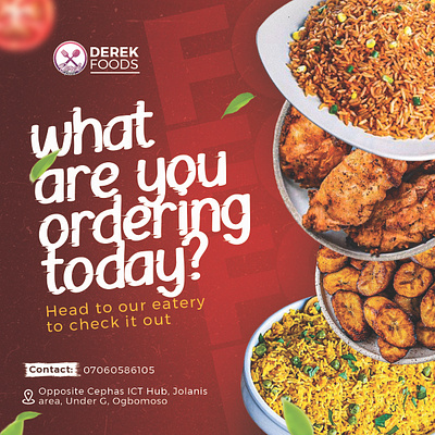 Derek foods branding chicken derek design effect flyer food fried rice graphic design illustration jollof rice leave logo order plantain rice today typography vector