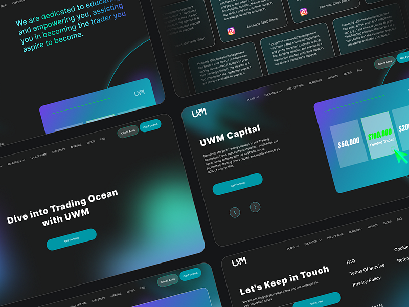 UI Landing page business button cards cyan dark design green interaction interface landing page marketing prop firm sales testimonials trading transparent ui ux violet website