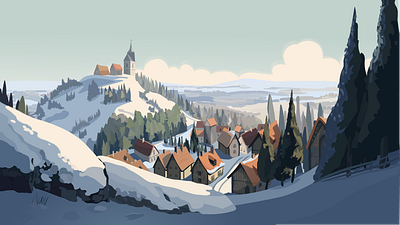 Vector Landscape of a Snowy Village in the Mountains 2d calm village church landscape design digital art digital painting flat illustration mountain village nature art peaceful landscape quiet town scenic view snow illustration snowy hills snowy village vector landscape winter landscape winter scene winter wonderland