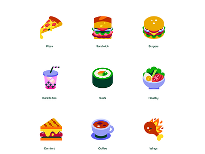 Instacart Restaurants bubble tea burgers coffee flat food icon illustration pizza restaurants sushi wings