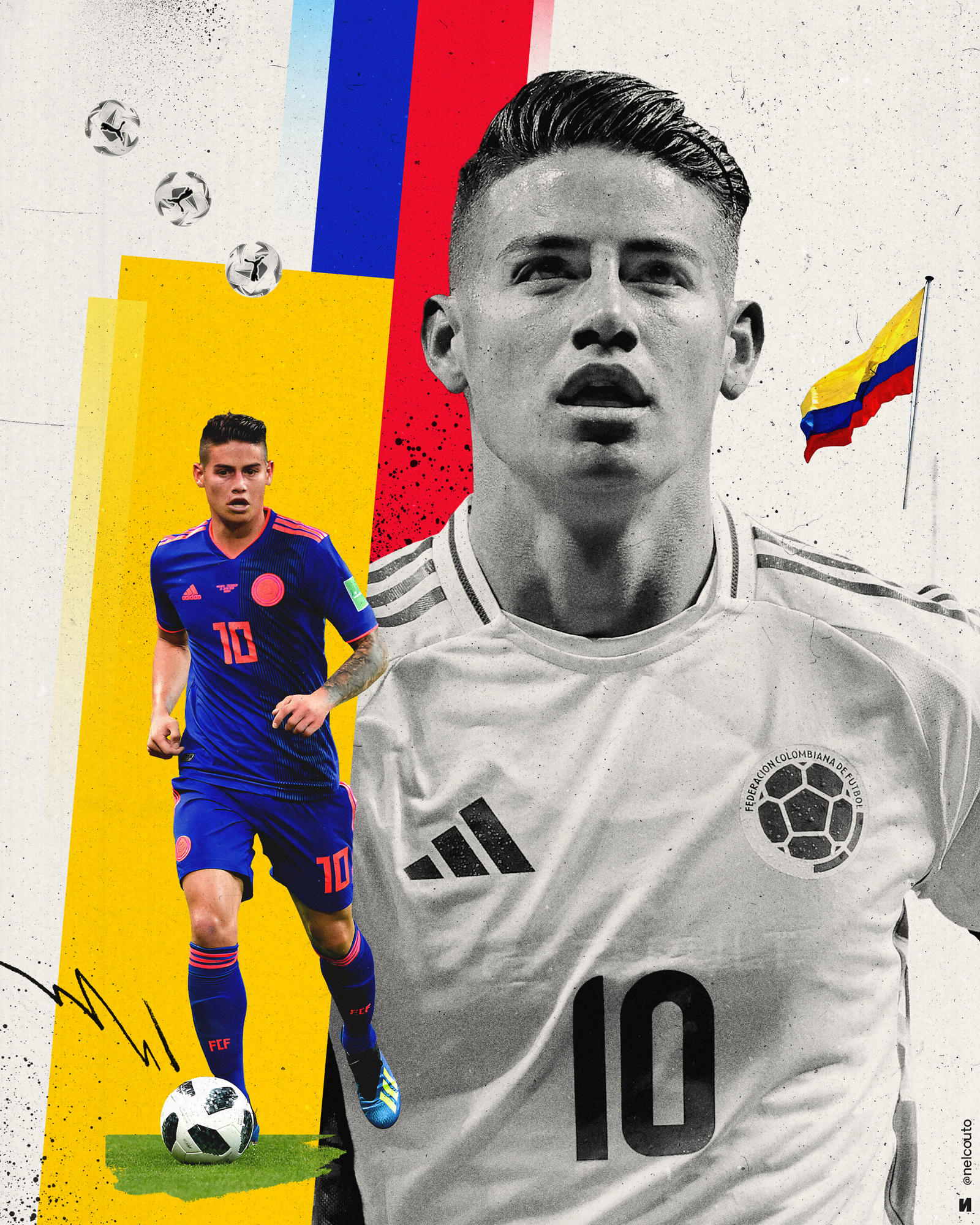 Collage - James Rodríguez ball black and white blue collage colombia copa america distressed euro euro 2024 flag futebol grungy illustration red soccer texture yellow