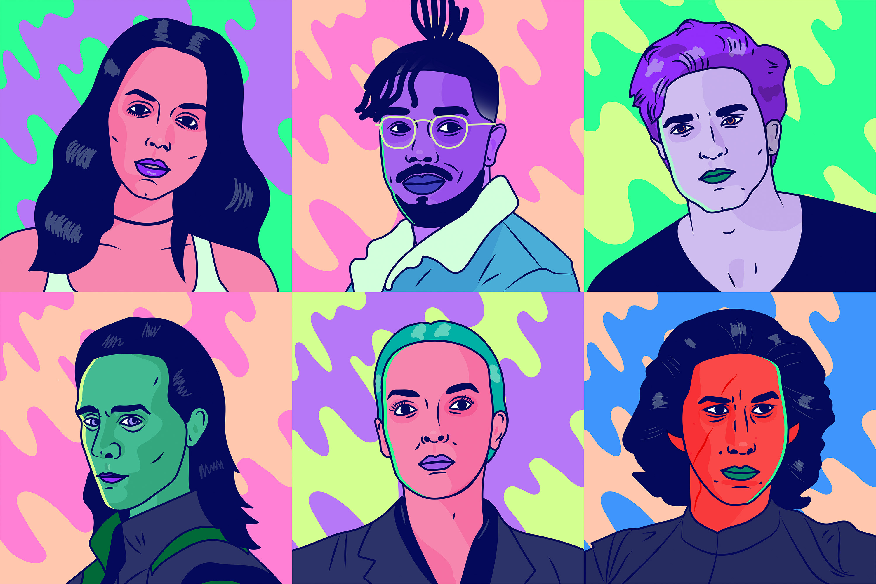 bad guise bitch digital illustration digital portrait editorial edward cullen erik killmonger illustration illustration art kylo ren kyloren loki magazine neon portrait twilight vector illustration villanelle