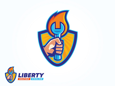 Liberty Heating Cooling air company logo brand designer company cooling fire hand holding wrench heating heating company logo home services logo hvac illustration logo design logo designer mascot truck wrap vehicle wrap design wrap wrap design wrap designer wrench