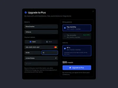 Upgrade to Plus | ◑ Dark Mode 123done button checkout clean design system figma input minimalism modal payment pricing radio button ui ui kit