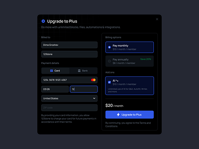 Upgrade to Plus | ◑ Dark Mode 123done button checkout clean design system figma input minimalism modal payment pricing radio button ui ui kit