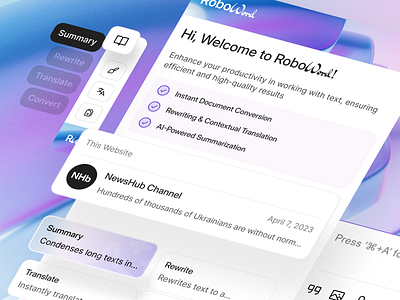RoboWord - Chrome extension assistant for wording ai ai convert ai generated ai rewrite ai summary ai translate artificial intelligence browser browser extention card card component chrome extention element extention graphics robo chat robo word ui component web design wording