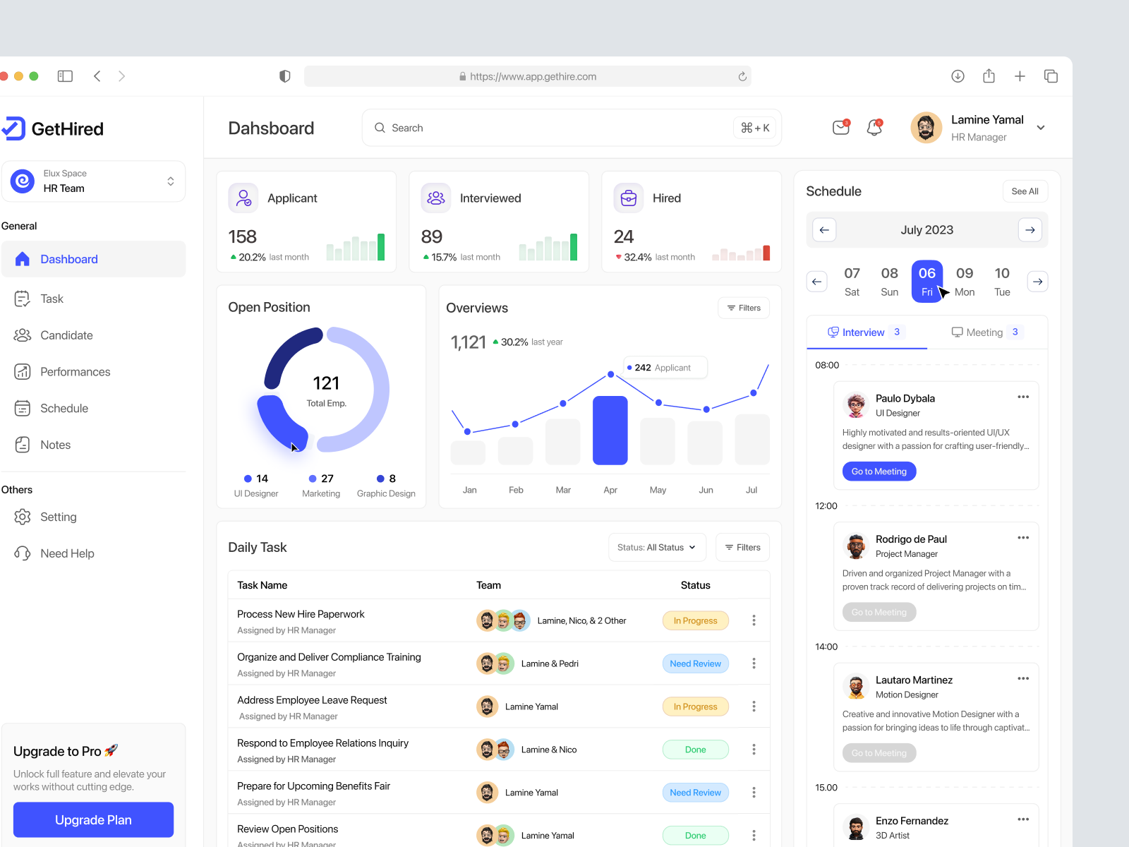 GetHired - HR Recruitment Dashboard analytics clean dahsboard employee hiring hr hr tool interface interview job job finder performance product design recruitment saas task management tracking ui design web app work