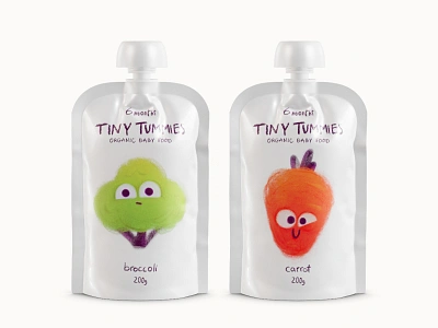 Tiny Tummies branding broccoli carrot character cute fruits illustration organic packaging vegetables