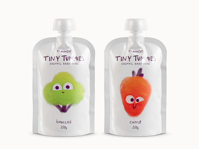Tiny Tummies branding broccoli carrot character cute fruits illustration organic packaging vegetables