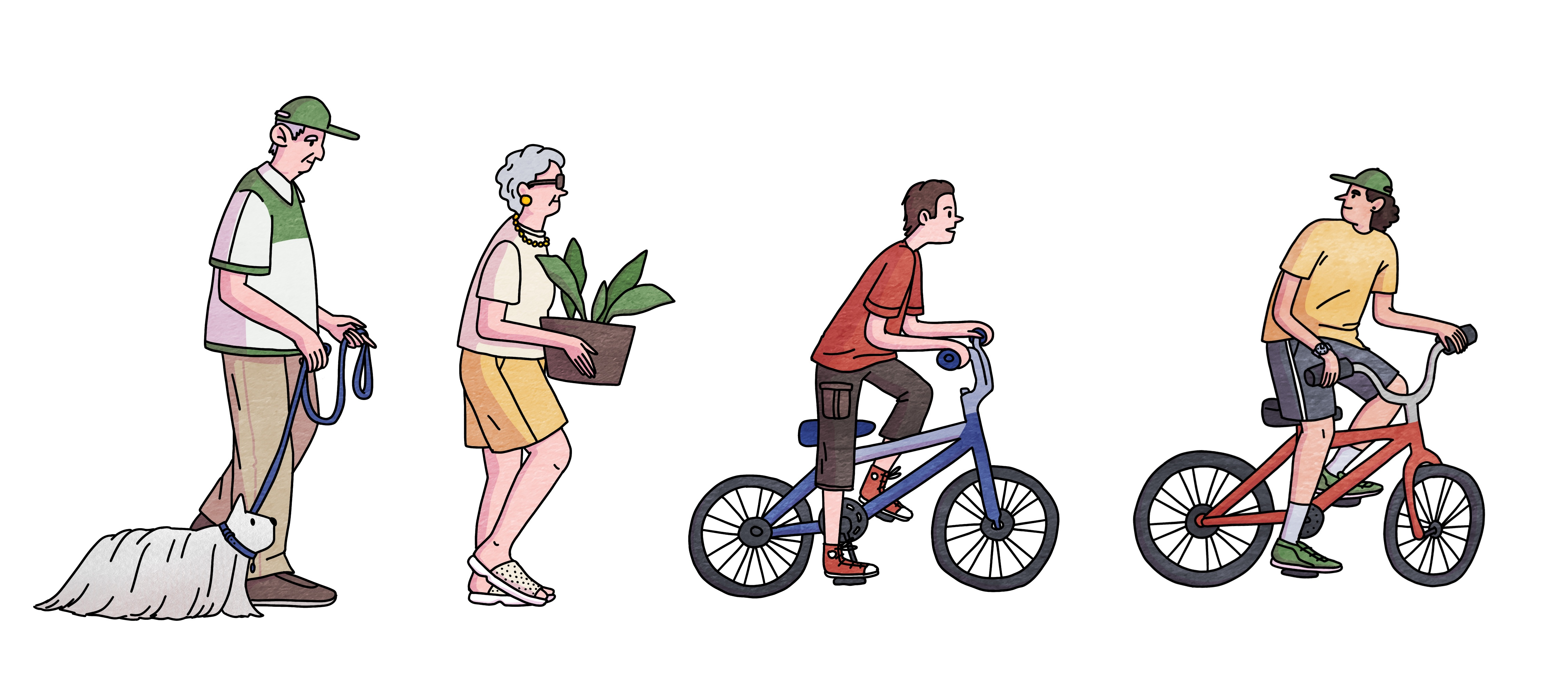Character illustration: people in a small town bicycle book character character design character illustration digital illustration editorial illustration grandparents people drawing small town teenager