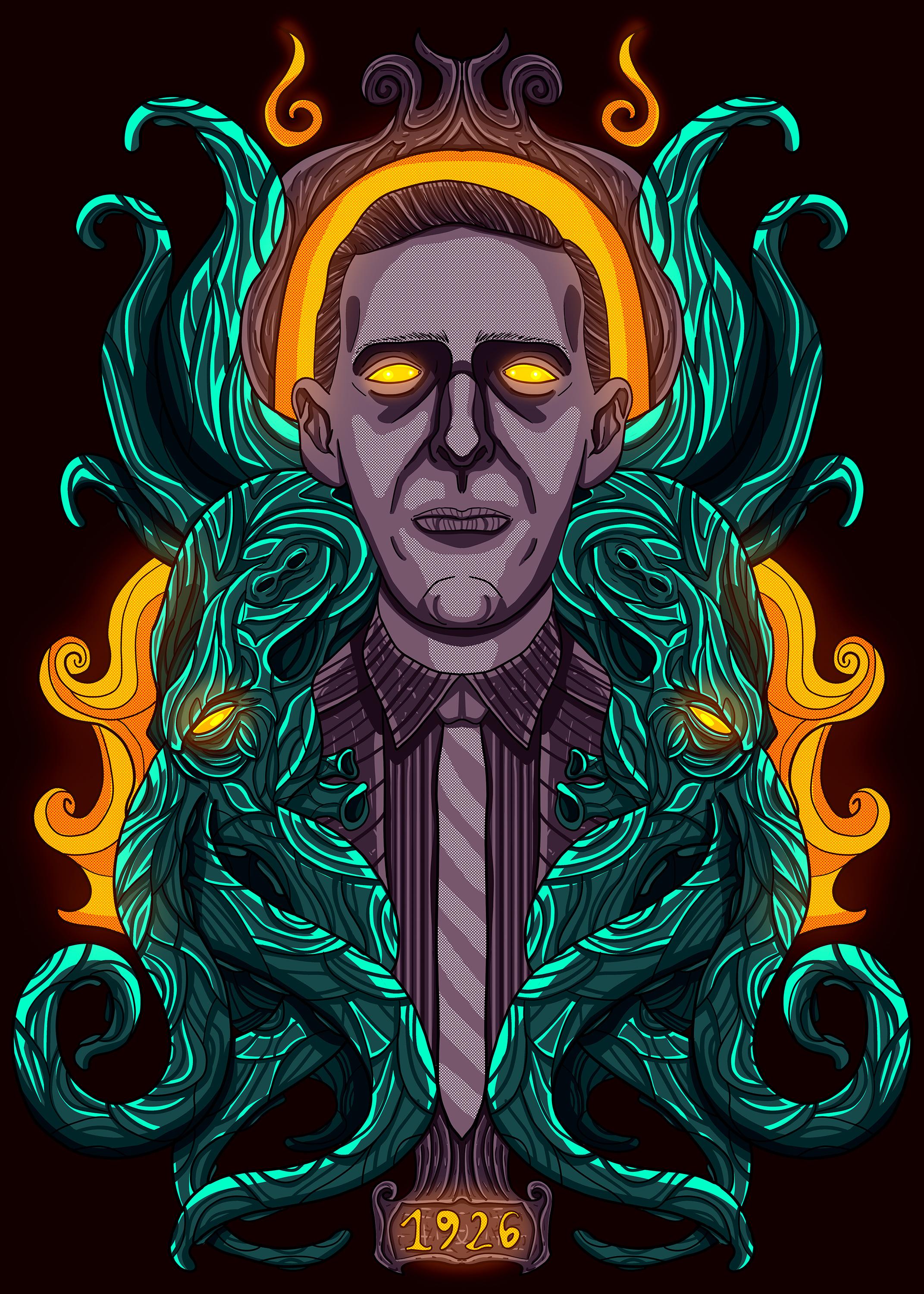 1926 - The Creator & The Creature 1926 book call of cthulhu colorful cthulhu dark darkart digital art digital illustration horror hp lovecraft illustration lovecraft monster neon poster design print t shirt design tales writer