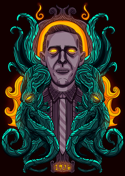 1926 - The Creator & The Creature 1926 book call of cthulhu colorful cthulhu dark darkart digital art digital illustration horror hp lovecraft illustration lovecraft monster neon poster design print t shirt design tales writer