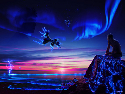 ⁺˚°*⊹🔹🔷💠🔷🔹⊹*°˚⁺ art aurora beach bioluminescence bioluminescent blue blue sea dragon dreamscape fantasy glaucus atlanticus glow glowing graphic design illumination illustration ocean photoshop shine surreal waves