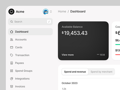 Financial Dashboard Iteration app balance card cards clean dashboard design finance financial dashboard illustration navigation revenue side bar ui ux