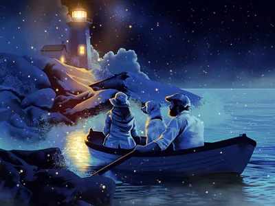 Rowing 2d alexander wells characters digital dog folioart illustration lighthouse narrative ocean