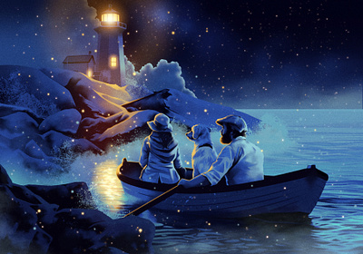 Rowing 2d alexander wells characters digital dog folioart illustration lighthouse narrative ocean