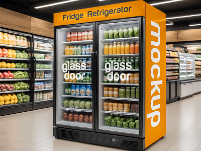 Fridge Refrigerator beverage chiller clear cold commercial display door double drink free freebie fridge glass market mockup refrigerator shop window