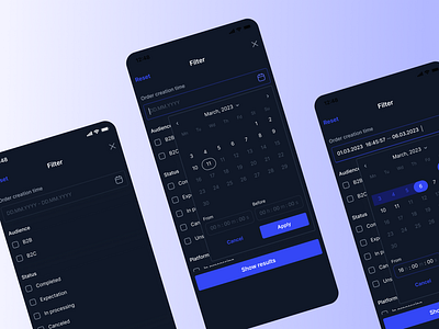 Filter. Schedule. Calendar calendar datapicker filter mobile design order order filter schedule time ui