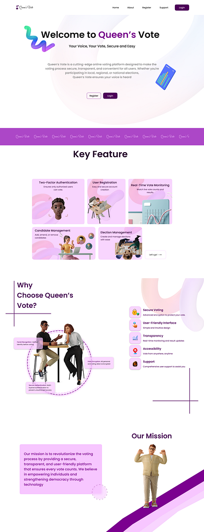 Queen's Vote application election landing page purple purple aesthetics ui voters voting web3 website