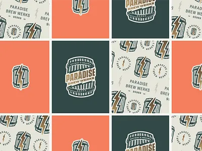 Paradise Brew Werks Branding badge barrel beer brand brand icon brand mark branding brewery craft beer graphic design identity lightning lightning bolt logo logo design typography visual identity