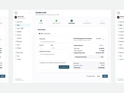 Work creation flow for procurement software acme app button columns cta design form nav navigation numbers product progress saas sidebar stepper steps teal ui ux web