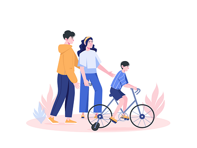 Happy Family Takes A Walk 2D Vector Ilustration 2d active lifestyle bicycle ride child development childhood digital art family activities family illustration family support family time flat healthy lifestyle illustration kid modern family outdoor activities parent child parents playful learning vector art