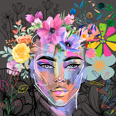 Woman Face Abstract Portrait. Wall Board For Sell abstract advertising aesthetic branding colorful design floral graphic design illustration wall poster wallboard woman face