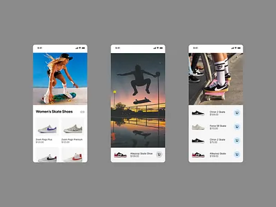 Skateboard Mobile Screens clean concept design ecommerce figma grid interface interface design minimal mobile mobile design mobile screens online shop photography shop skateboarding typography ui ux work