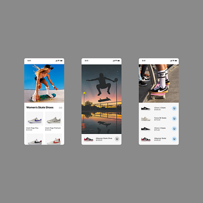 Skateboard Mobile Screens clean concept design ecommerce figma grid interface interface design minimal mobile mobile design mobile screens online shop photography shop skateboarding typography ui ux work