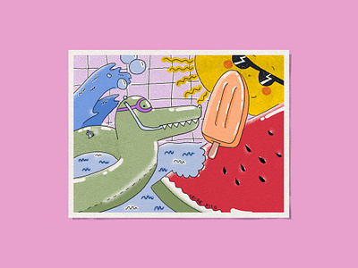 Summer postcard 💮 beach cartoon character crocodile digital illustration float ice cream illustration pool pool float popsicle postcard procreate summer sun tiles verano water watermelon waves