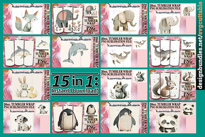15x Boho Animal Tumbler Wrap Bundle PNG, Baby Animals 20oz graphic t shirt design