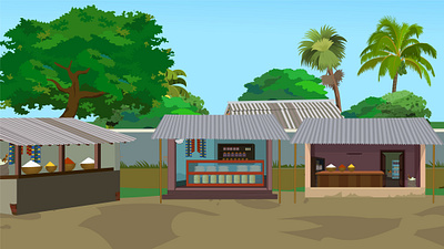 Illustration of a Indian village market with grocery shops, tree 2d animation asian background branding cartoon design graphic design grocery illustration india indian landscape living mud rural shop store ui village