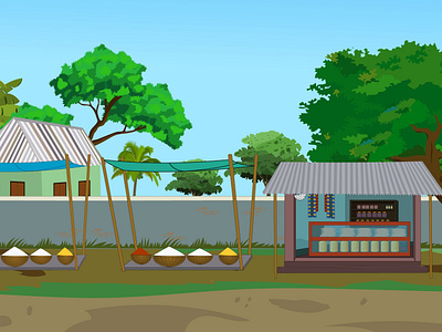 Indian village market background for cartoon #animation #art 2d animation cartoon food graphic design grocery house hut india indian market mud road seller selling shop store tree village wall