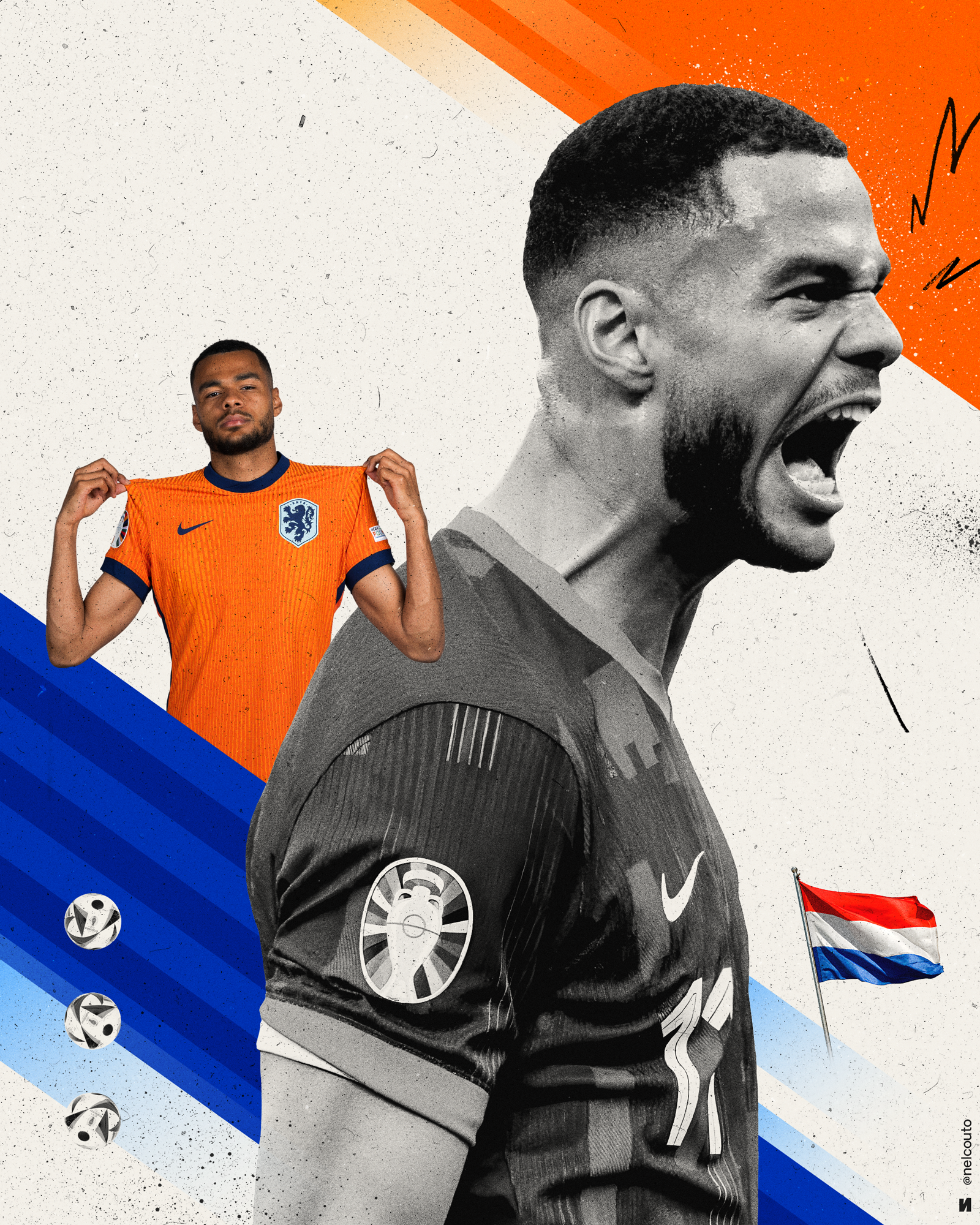 Collage - Cody Gakbo ball black and white blue collage copa america distressed dutch euro euro 2024 flag futebol grungy illustration netherlands orange soccer texture