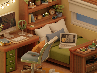 Cozy Isometric Bedroom Rendered on Cycles Blender 3.5 3d art 3d design 3d modeling