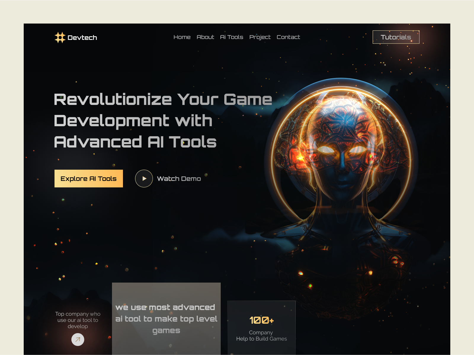 Ai Games Development tools website concpet ai game develop tools ai tools ai website creativty futuristic website graphic design hero section landing page design ui ux design web design