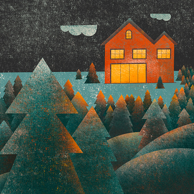 Red House cozy geometric home house illustration landscape minimalist nature night trees