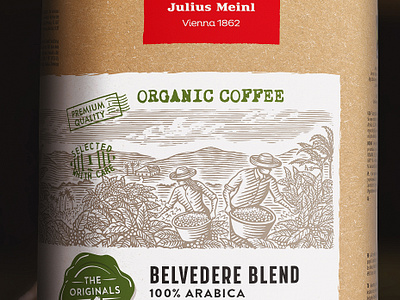 Julius Meinl Coffee Packaging rendered by Steven Noble artwork branding design engraving etching illustration julius meinl coffee line art scratchboard steven noble woodcut