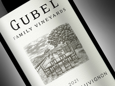 Gubel Family Vineyards Label rendered by Steven Noble artwork branding design engraving etching illustration line art scratchboard steven noble wine wine label woodcut