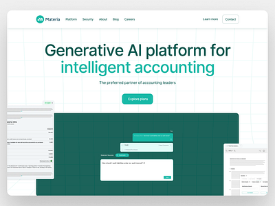 Materia AI - Intelligent Accounting accounting ai ai chat ai for accounting generative ai green website hero section motion graphics platform page saas security page ui web design