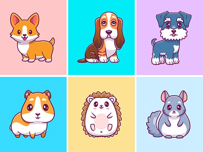 Random Cute Animals🐶🐹🦔 animals branding breed canine corgi cute dog doodle hamster hedgehog icon illustration logo mammal nature pet puppy sitting animal sugarglider vector