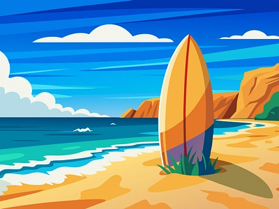 Surfboard & Beach Illustration beach beach scenery colorful illustration flat illustration graphic design illustration modern illustration ocean sea summer surf surf board surfing tide vacation wave