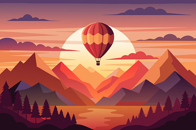 Hot Air Balloon & Sunset colorful illustration flat illustration graphic design hot air balloon illustration lake modern illustration mountains pine forest sunset traveler traveling vacation