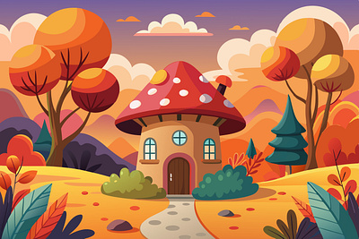 Mushroom House Illustration architecture autumn building colorful illustration fantasy flat illustration gnome graphic design illustration modern illustration mushroom mushroom house warm color