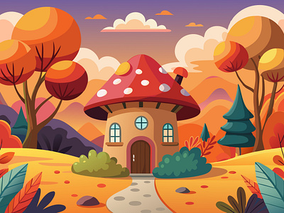 Mushroom House Illustration architecture autumn building colorful illustration fantasy flat illustration gnome graphic design illustration modern illustration mushroom mushroom house warm color